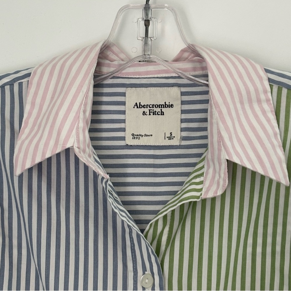 Abercrombie & Fitch Green Blue Pink Striped Shirt Long Sleeve Oversized - Picture 4 of 11